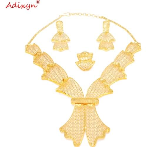 Adixyn Trendy Bowknot Shape 24k African Jewelry Sets For Women Necklace Earring Ring Dubai Bridal Wedding Jewelry Gifts N1021M5