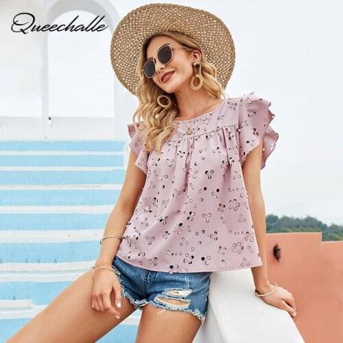 Blouses Women 2021 Summer Elegant Butterfly Sleeve Casual Shirt Hollow Out Floral Sweet Blusa Shirts Female Loose Tops Pink