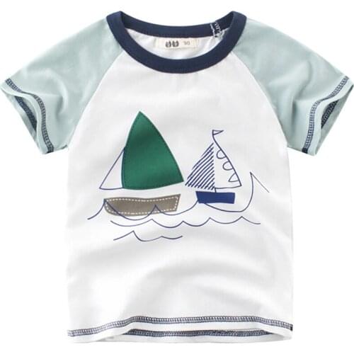 Boys T-Shirts Cute Fun Cartoon Sailboat Girls Blouse Autumn Tops Kids Clothes Children Cotton Tshirts Baby Short Sleeve T Shirts