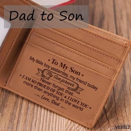 VE1001-1015 DAD TO SON Mens Boys Engraving Laser Wallet Genuine Leather Purse Card Holder Bifold Wallets Purses Retro From DAD