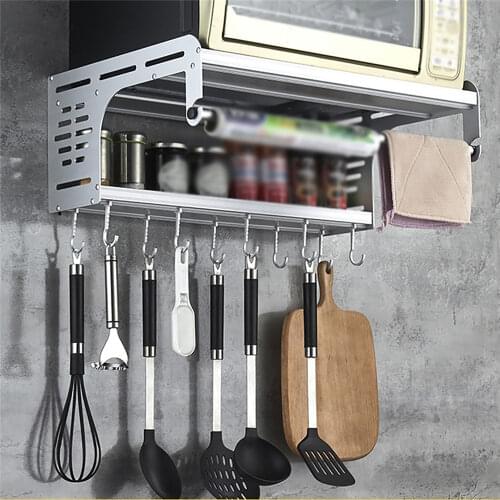 Kitchen Wall Mounted Double Layer Microwave Oven Storage Rack with Hook Seasoning Spices Bottles Tray Aluminum Organizer Holder