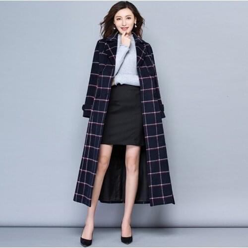 Fashion Womens Lapel Slim Winter Women Coat Lattice Woollen Cloth Long Wool Blends Female Overcoat Casual Brigos Mujer Invierno
