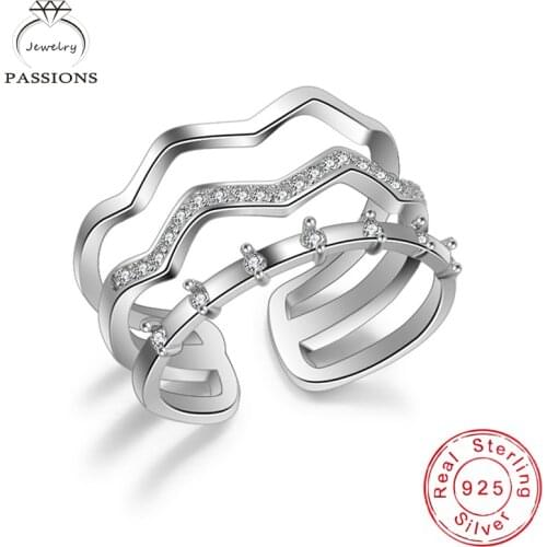 New Fashion 925 Sterling Silver AAA Zircon Twist Wave Three Layers Ring Open Adjustable Rhinestone CZ Rings Women Jewelry Gift
