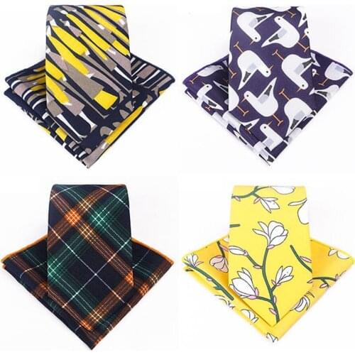 New 6.5cm Slim Polyester Floral Handkerchief Necktie Set Yellow Red Printed Pocket Square Skinny Ties For Mens Party Accessories