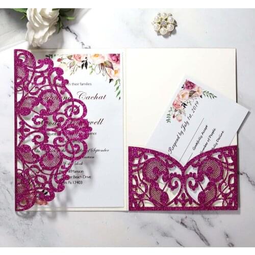 Purple Glitter Wedding Invitation with RSVP 30+ Color DIY Laser Cut Pocket Invitations for Quicneanera Birthday Party Invites