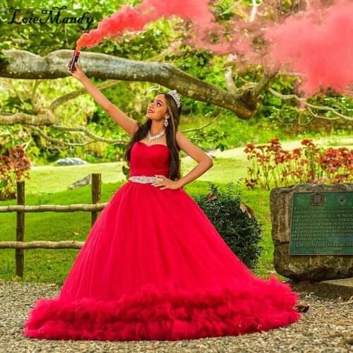 Puffy Tiered Tulle Ball Gown Quinceanera Dresses 2022 Red Sweet 16 Birthday Party Gowns Shining Crystal Vestido De 15 Anos