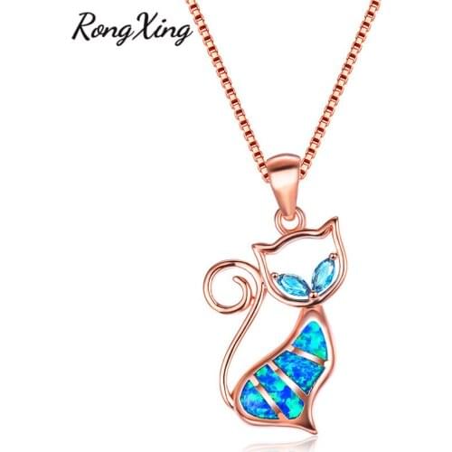 RongXing Rose Gold Filled Cute Cat Pendants Blue Fire Opal Kitty Cat Necklaces For Women Zircon Rainbow Birthstone JewelryNL0077