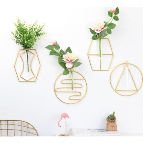 Plant Glass Container Geometry Shape Wall-mounted Wrought Iron Creative Dried Flower Vase for Living Room