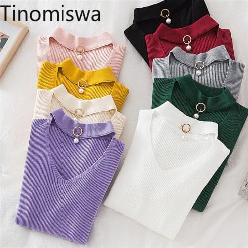Tinomiswa Autumn Winter New V Neck Pullover Solid Color Slim Fit All-match Basic Sweater Jumpers Korean Style Knitted Tops