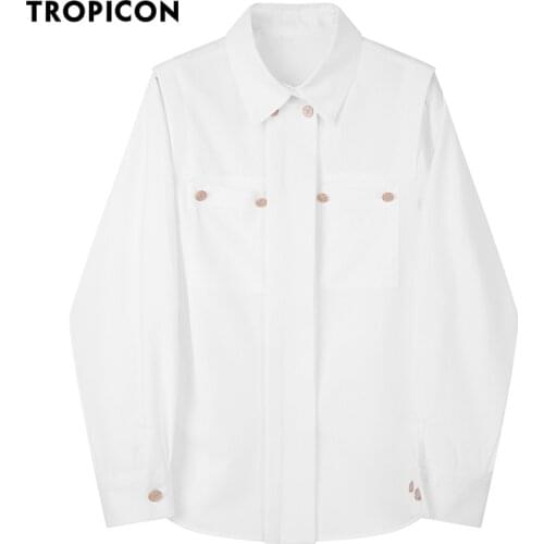 TROPICON Gold Button Long Sleeve White Designer Shirt Women Button Up Collar Double-Breasted Ladies Top And Blouses 2021 Fashion