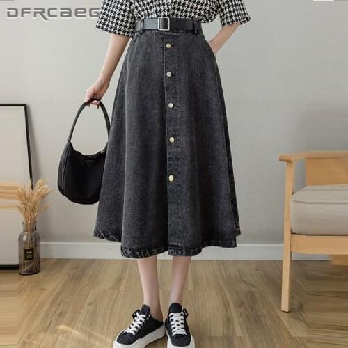 Elegant Big Swing Loose Womens Jeans Skirt With Belt 2021 High Waist Streetwear Single-Breasted Denim Long Skirts Female