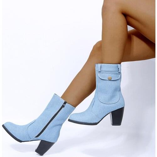 Womens Fashion Cowboy Boots Middle Tube High Heel Boots Side Zipper Boots Autumn Winter New Woman 2021 Women Shoes