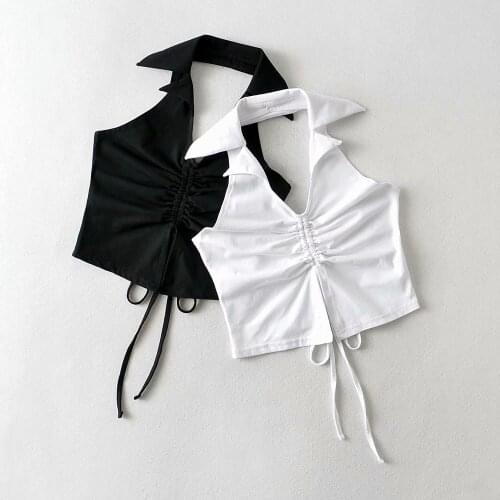 Ins Lapel drawstring split lace open back Halter vest 2021 summer new deep V-neck top womens dldd487