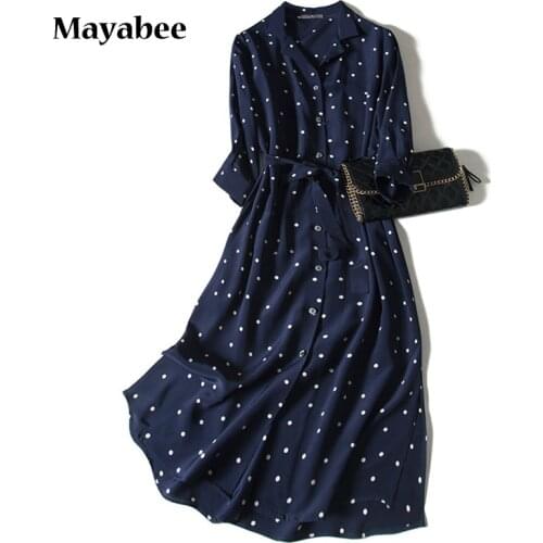 Retro Hepburn Navy Blue Polka Dot Small Collar Mid-Length Cardigan Style Silk Belt Woman Dress 2021 Spring New