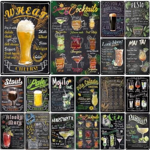 Retro Metal Signs Vintage Mojito Tin Signs Plaque Plate Cocktail Metal Poster Pub Club Wall Sticker Home Shop Wall Decor 20*30cm