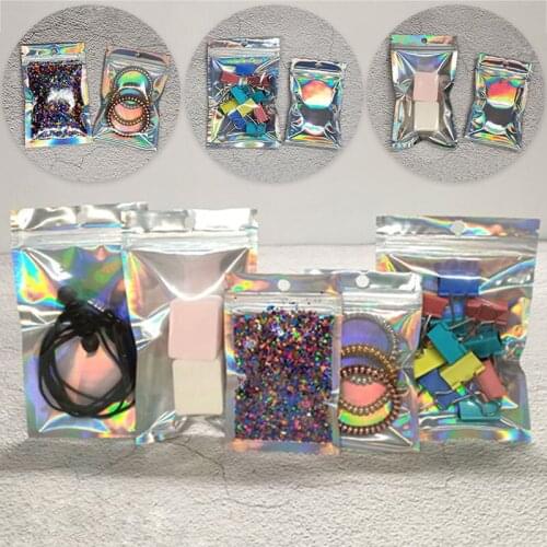 50pcs Thick Reclosable Holographic Zipper Packaging Bag Cosmetic Jewelry Flat Pouches Laser Small Plastic Zip Lock Bags