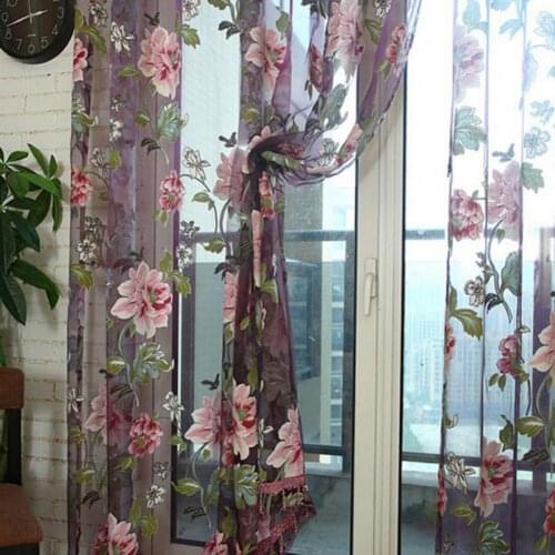 50%HOTDoor Blinds Window Peony Printed Transparent Tulle Curtain Room Divider Valance