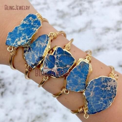BM11266 Royal Blue Imperial Ocean Jaspers Bracelet Cuff Gemstones Bangle Boho Jewelry Raw Brass Cuff