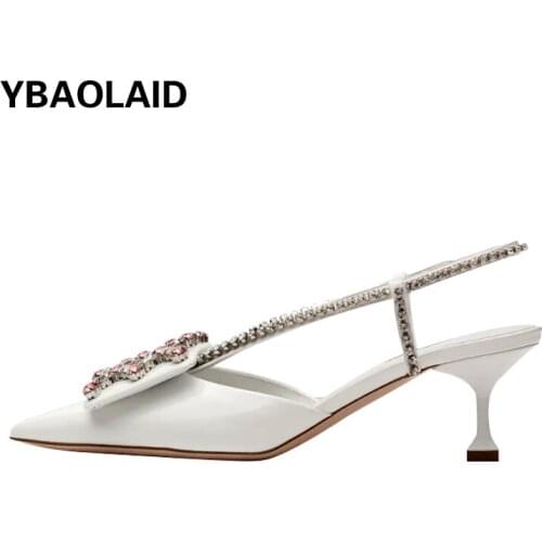Baotou Shallow Mouth Rhinestones Metal Decorative Stiletto Sandals Solid Color Pointed Toe Front and Rear Straps High Heels
