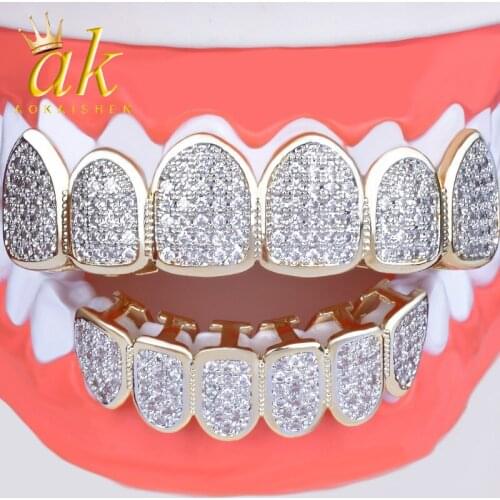 Teeth Grillz Iced Out silver Color Zircon Caps Top & Bottom Tooth Set Hip Hop Men Women Grills Jewelry