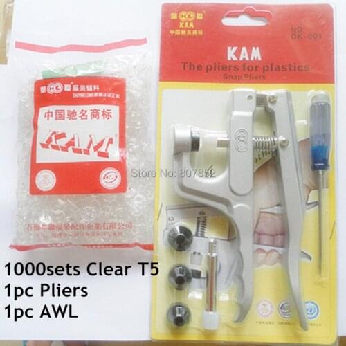 DHL 1000sets Clear Kam T5 Size 20 Plastic Resin Snaps Buttons Fasteners + 1pc Pliers Tool Kits DK001 + 1pc free awl
