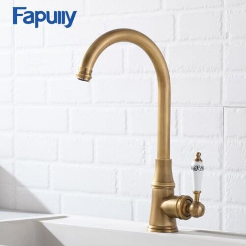 Fapully Chinese Kitchen Faucet Brushed Nickel Ceramic Handle White Flower Painted Deck Mounted Water Tap Rotation Mixer 170-33N