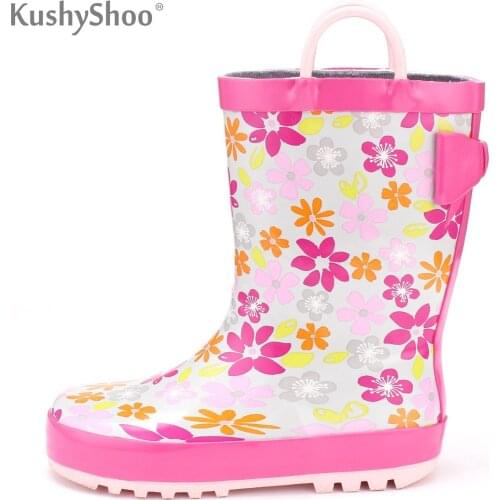 KushyShoo Childrens Rubber Boots Girl Cute Flower Printed with Handles Rain Boots Kids Footwear for Children Kalosze Dla Dzieci