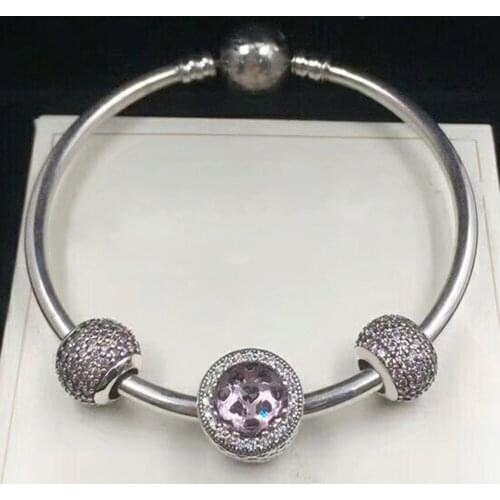 NEW 100% 925 Sterling Silver 791051PCZ PAVE BALL PINK CHARM RADIANT HEARTS CHARM Bracelet Set Original Boutique Jewelry