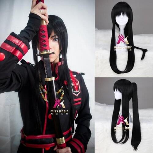 New Synthetic Long Black D.Gray-man Yu Kanda Cosplay Wig halloween party Hair With One Ponytail Male Wigs Bangs+wig cap
