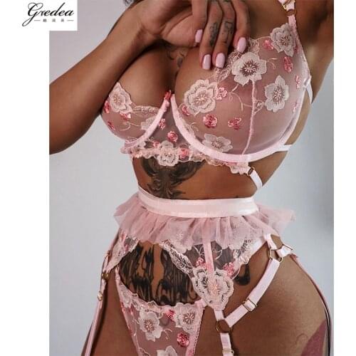 GREDEA New Womens Sexy Lingerie Lace Flower Embroidery Tempting Appealing Garter Belt Erotic Underwear Pink Bra Three-piece Set