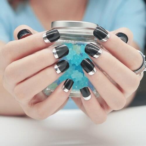 New Metallic Silver French False Nails Tip Black UV Short Full Cover Mirror Fake Art Tips Unha Em Gel Kunstnagels 24pcs/set Hot