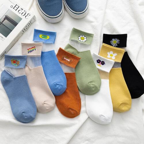 Solid Glass Socks Summer Thin Lovely Cartoon Flower Pattern Womans Socks Trendy Mesh Letter Breathable Kawaii Funny Female Sox