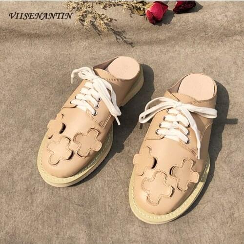 Casual Flat-bottom Lace-up Lazy Half-slippers Summer Genuine Leather Hollow Flat-bottom All-match Muller Shoes Women