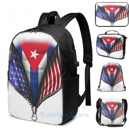 Funny Graphic print Cuba USA Flag Cuban American USB Charge Backpack men School bags Women bag Travel laptop bag