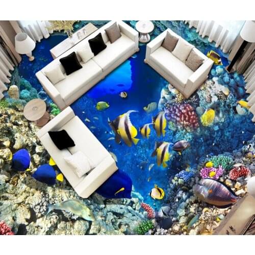 Customize 3D floor wallpaper self adhesive Cave tropical fish vinyl bathroom wallpaper PVC wallpaper roll 3d