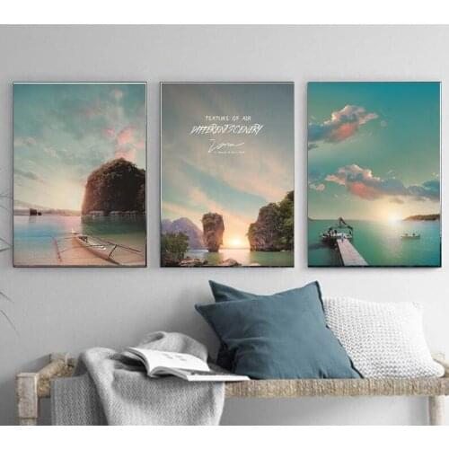 Nordic Sea Mountain Wooden Bridge Landscape Wall Art Painting Canvas Poster Motivational Print Wall Pictures for Living Room