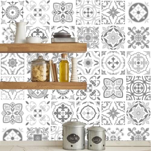 Light Grey Retro Pattern Tile Stickers PVC Bathroom Kitchen Wall Sticker Home Decor TV Sofa Wall Art Mural Waterproof