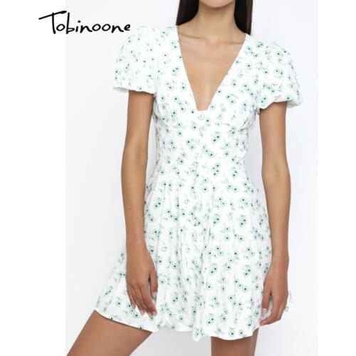 Tobinoone V-Neck Short Puff Sleeve 2021 Summer Sexy Dress Elegant Women Lace Up A-Line Dresses Ladies Drap Holiday Beach Dress