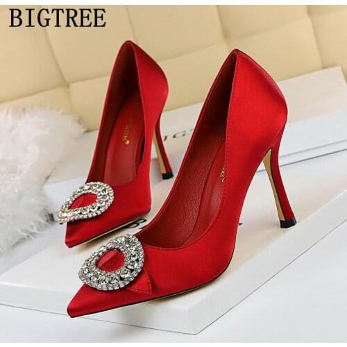 BIGTREE 2019 New Women Pointed Toe High Heel Shoes Woman Pumps Fashion Shallow Crystal Metal Buckle Silk Dress Party Shoes
