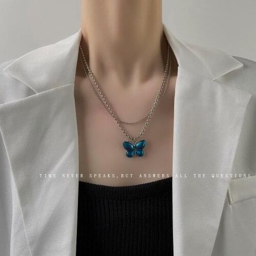 Vintage niche design multi-layered necklace ins cold wind hip hop double layer butterfly collarbone chain female