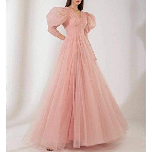Vintage Long Pink Tulle Arabic Evening Dresses A-Line Floor Length Zipper Back Pleated Formal Party Gowns for Women