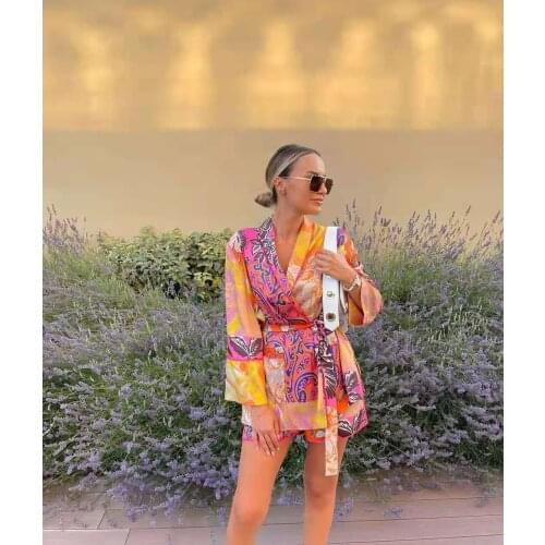 XIKOM 2021 Women Two-piece Set Print Kimono Vintage Belt Long Sleeve Loose Shirt Female Fashion Beach Style Shorts Suits