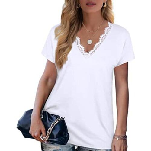 Womens V Neck Short Sleeve Blouse Eyelash Lace Trim T-Shirt Solid Color Loose Clothing for Daily Casual d88