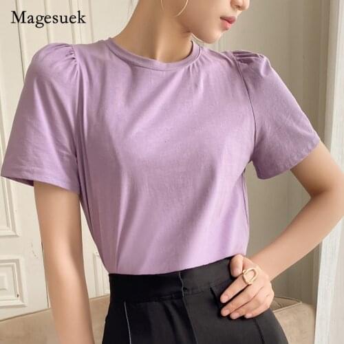 Puff Short Sleeve Women Summer T-shirt Simple Solid White Purple Cotton Tops Tshirt for Women Tee Shirts Korean Clothes 10090
