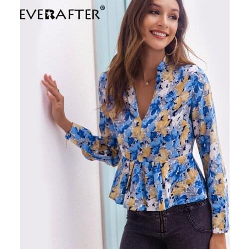 EVERAFTER Elegant v-neck women blouse shirt floral print long sleeve zipper ruffles female tops shirt Autumn casual slim blouses