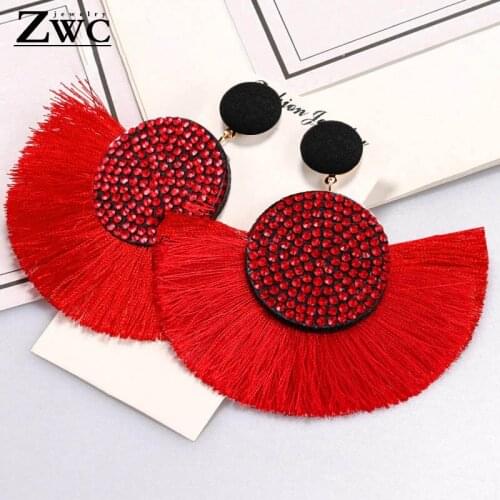 ZWC Fashion Bohemian Tassel Crystal Big Earrings Black White Red Silk Fabric Drop Dangle Statement Earrings For Women Jewelry