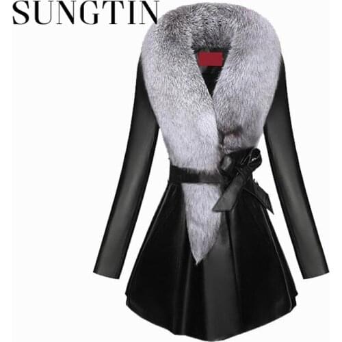 Sungtin Plus Size 8XL High Quality Faux Fur Collar Detachable Pu Leather Jacket Women Thicken Fashion Long Trench Coats Female