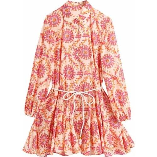 PUWD Sweet Women Turn-down Collar Bow Lace Dress 2021 Summer Fashion Ladies Chinese Style Vintage Dress Female Printed Dress