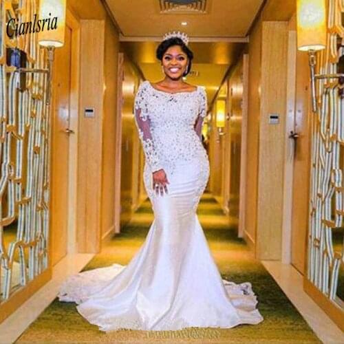 Elegant Illusion Long Sleeve Nigerian African Mermaid Wedding Dress Appliques Lace Beading Crystal Long Bridal Wedding Dresses