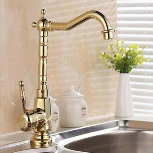 Golden Deck Mount Bathroom Kitchen Faucet Single Handle 360 Rotate Basin Sink Mixer Taps Hot and Cold Water Mixers